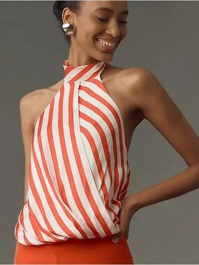 NEW Maeve Halter Scarf Bubble-Hem Tank Top In Red and White Size S